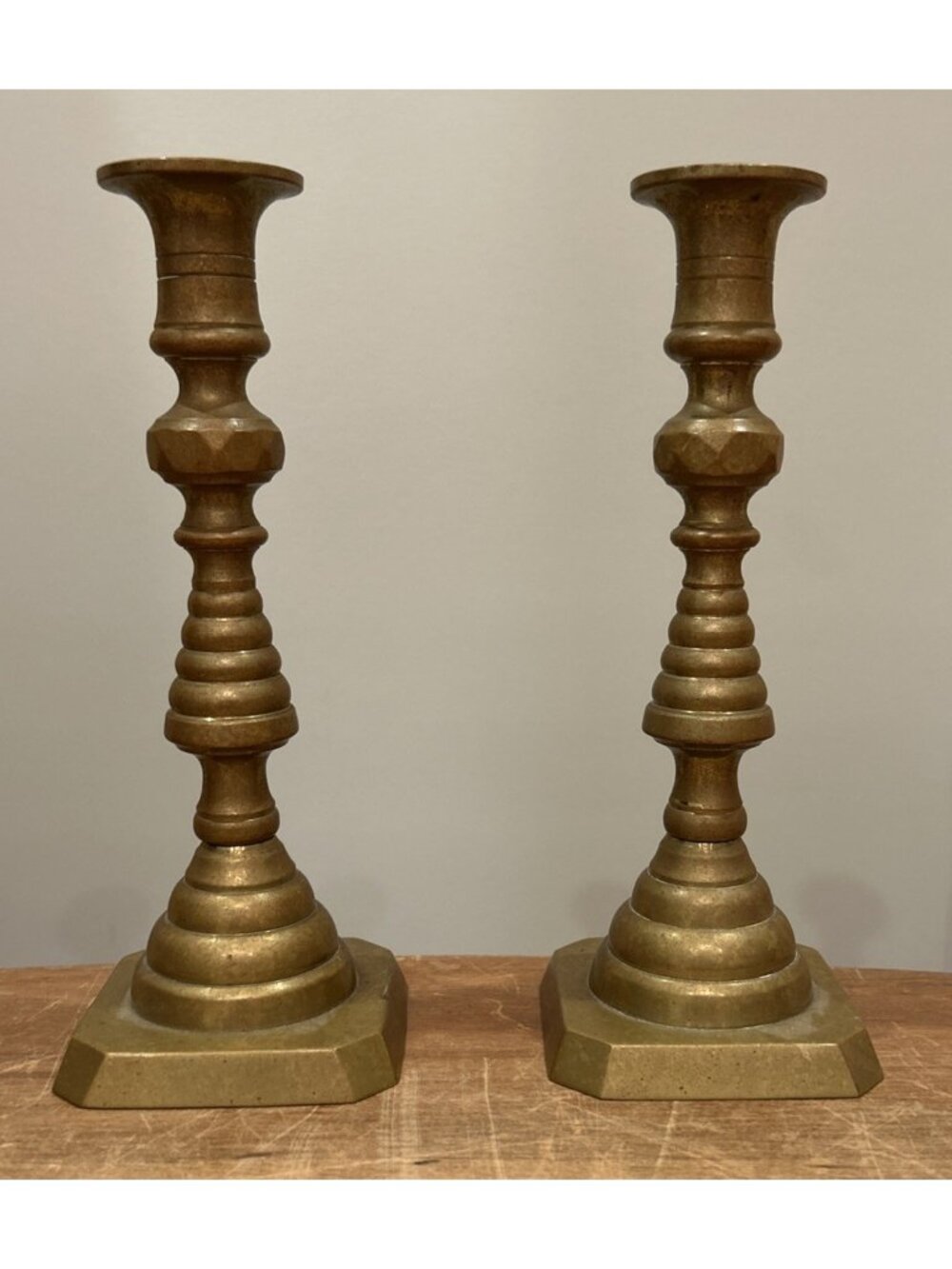 Pair of Solid Brass Beehive Candlesticks 8” H Vintage